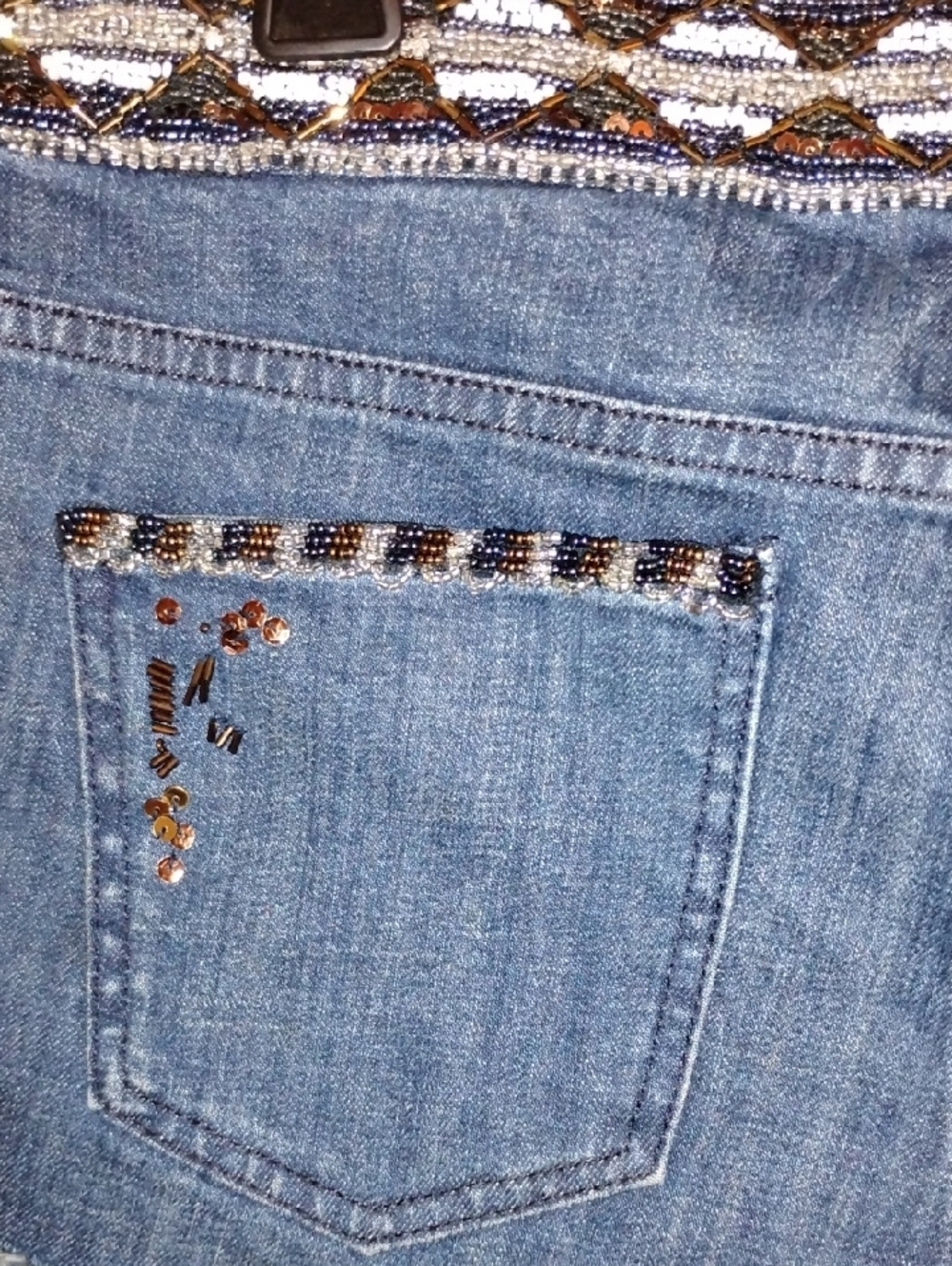 Express Dark Blue Denim Shorts with Gold Sequin Embellishment - Picture 5 of 8